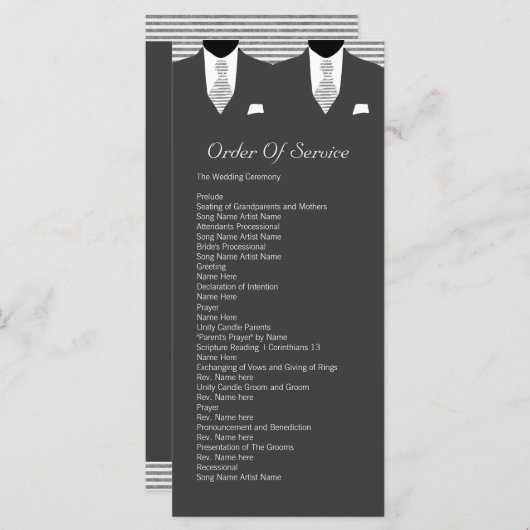 De heren Suit en Stropdas Gay Gray Service Order Programmakaart (Voorkant / Achterkant)