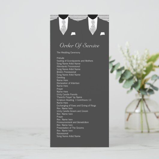De heren Suit en Stropdas Gay Gray Service Order Programmakaart (Staand voorkant)
