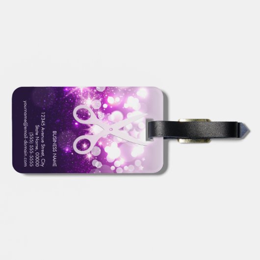 De herenkapper Paarse Sparkly en schittert Schaar Bagagelabel (Achterkant horizontaal)