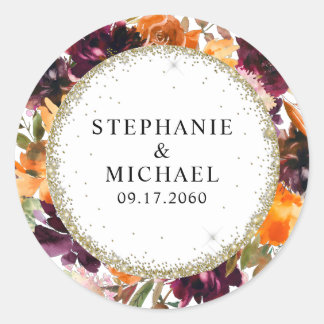 De herfst Floral Gold Glitter Wedding Ronde Sticker