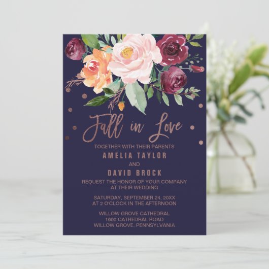 De herfst Floral Roos Gold Herfst in Love Wedding Kaart (Staand voorkant)