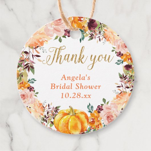 De herfst Floral Wreath Pumpkin Gold Hartelijk dan Bedankjes Labels (Voorkant)