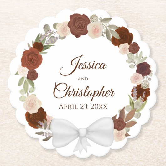 De herfst Floral Wreath Rust Sinaasappel & Peach W Kartonnen Onderzetters (Voorkant)