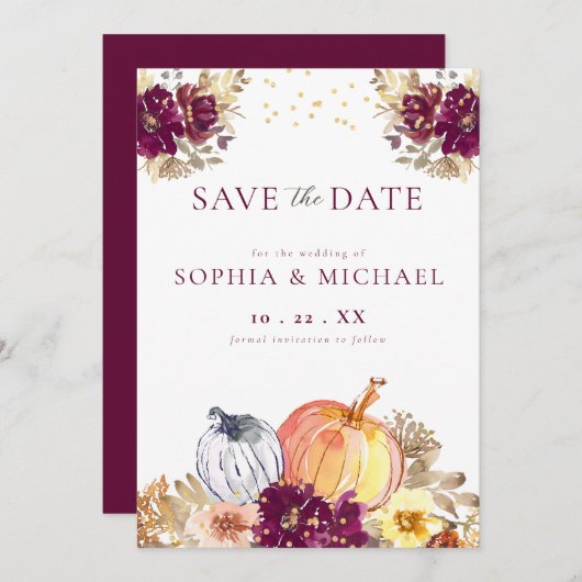De Herfst Florals van de herfst Pumpkins bewaart d Save The Date (Voorkant / Achterkant)