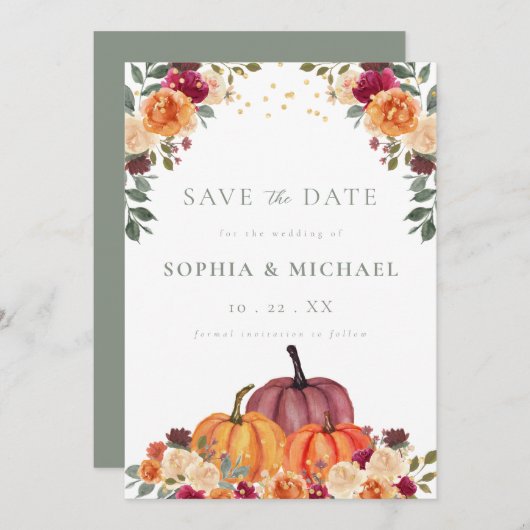 De Herfst Florals van de herfst Pumpkins bewaart d Save The Date (Voorkant / Achterkant)