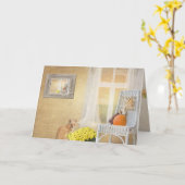 de herfst kat met venster-denkt aan u kaart (Gele Bloem)