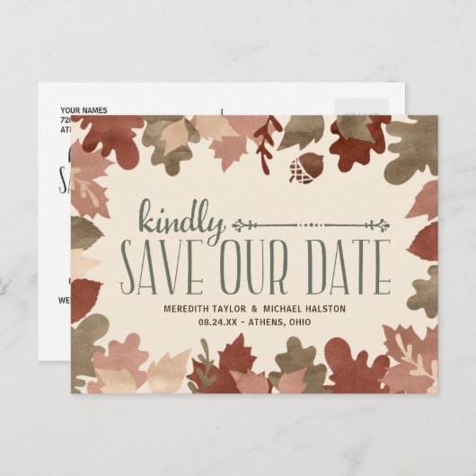 De herfst laat Rustic niet-Foto sparen de Datum Aankondigingskaart (Voorkant / Achterkant)