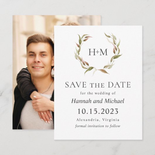 De herfst Laurel Wreath bewaart de Datum met Foto Save The Date (Voorkant / Achterkant)