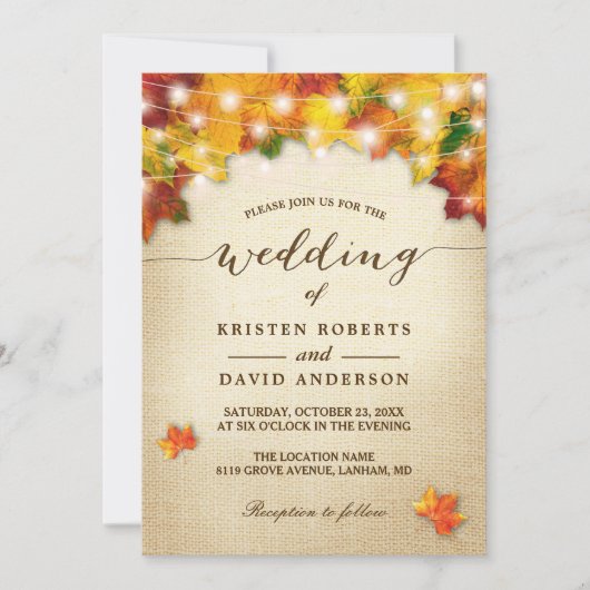 De herfst lekt Burlap Twinkle vecht rond bruiloft Kaart (Voorkant)