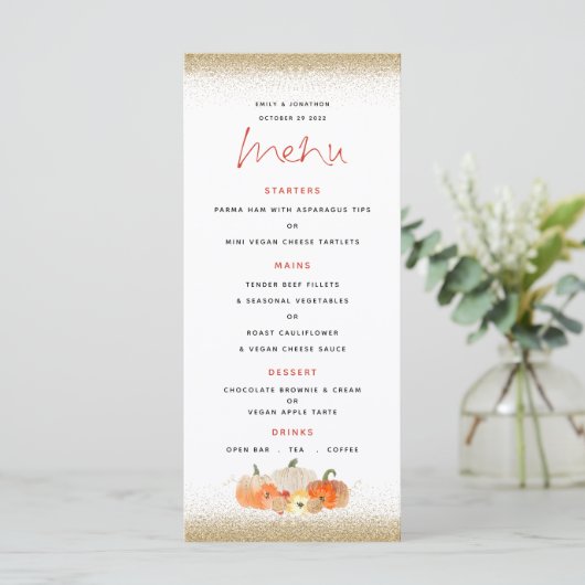 De herfst Pumpkins Florals Gold Glitter Wedding Menu (Staand voorkant)
