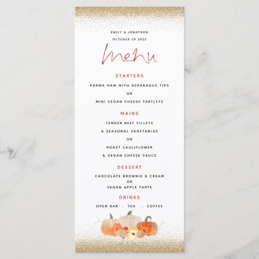 De herfst Pumpkins Florals Gold Glitter Wedding Menu (Voorkant)