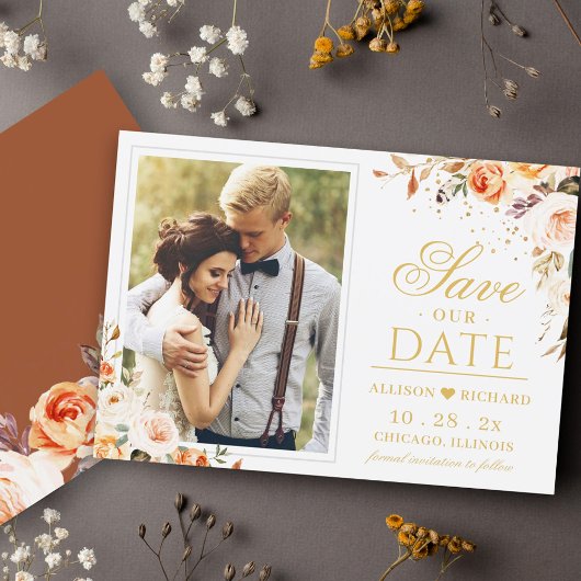 De herfst Terracotta Gold Oranje Floral Photo Wedd Save The Date