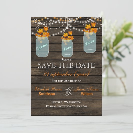 De herfst van Barnwood mason jars is voldoende om Save The Date (Staand voorkant)