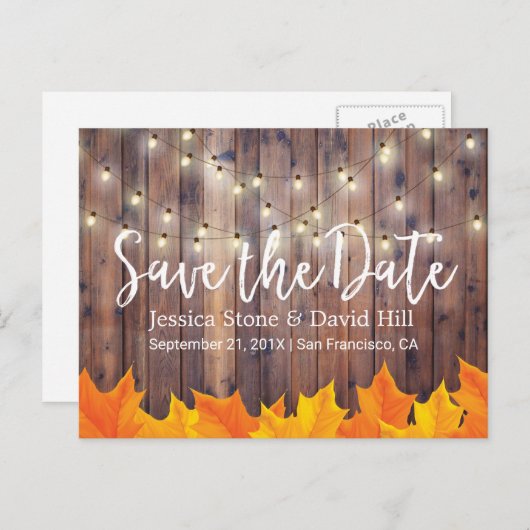 De herfst van het huwelijk vertrekt Barn Wood spar Aankondigingskaart (Voorkant / Achterkant)