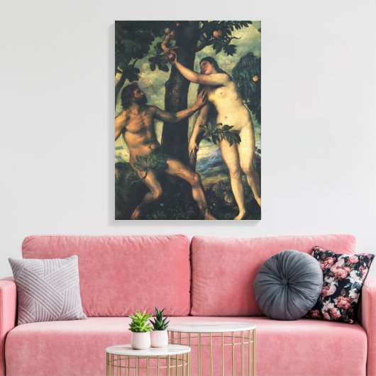 De Herfst van Man; Adam en Eva van Titiaan Canvas Afdruk (Insitu (Woonkamer))