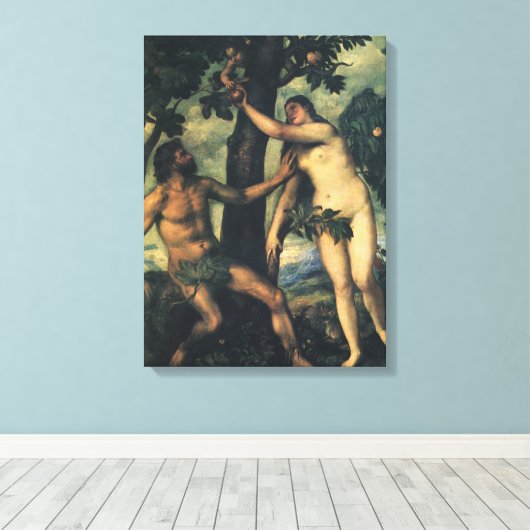 De Herfst van Man; Adam en Eva van Titiaan Canvas Afdruk (Insitu (Houten vloer))