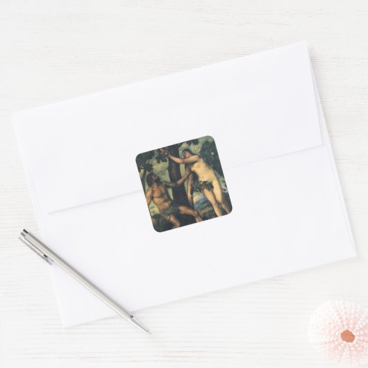De Herfst van Man; Adam en Eva van Titiaan Vierkante Sticker (Envelop)