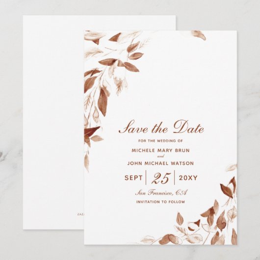 De herfst Waterverf bruine bladeren sparen de Kaar Save The Date (Voorkant / Achterkant)