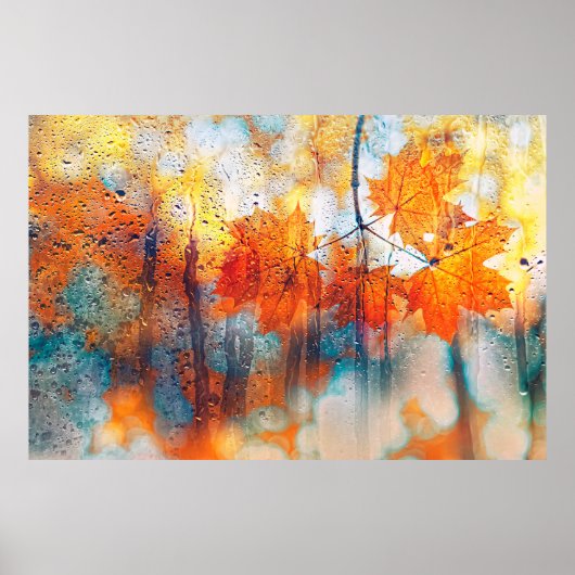 de herfstbladeren op de textuur van regenglas . poster (Voorkant)