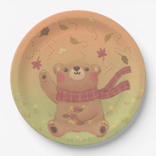 De herfstbladeren van de teddybeer papieren bordje