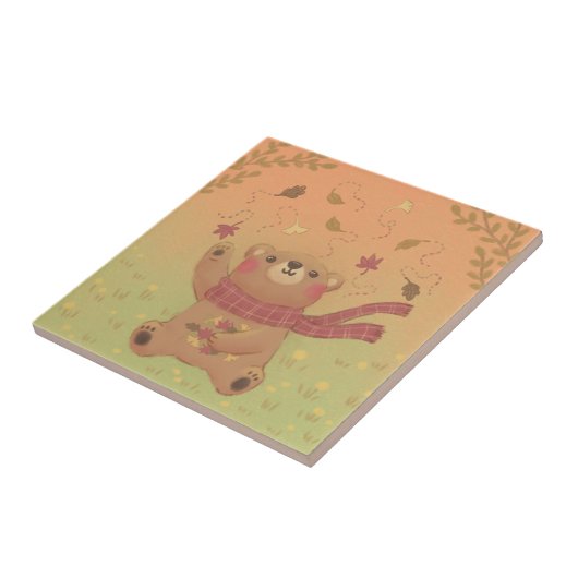 De herfstbladeren van de teddybeer tegeltje (Zijkant)