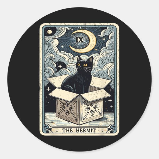 De Hermit Tarot Kaart Cat in de doos Mystic Funny Ronde Sticker (Voorkant)