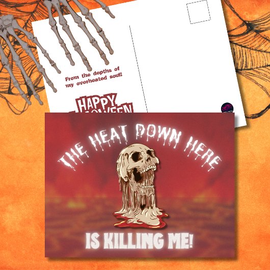 De hitte hier beneden Halloween smeltende schedel Feestdagenkaart