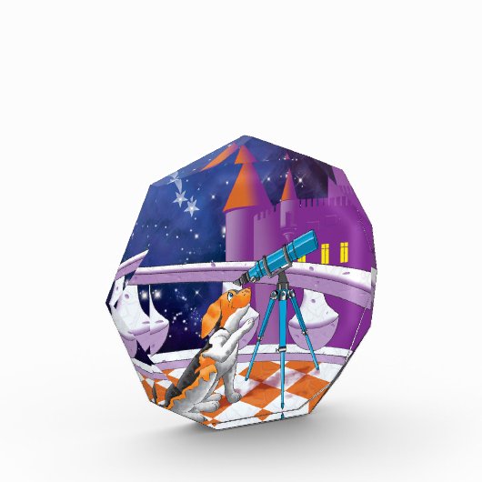 De hond kijkt door de telescoop fotoblokken (Links)