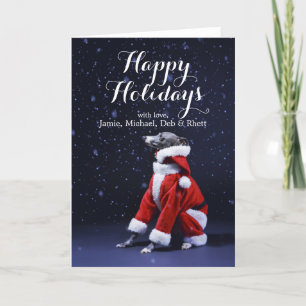 De hond zit de kerstman aan te pakken feestdagen kaart