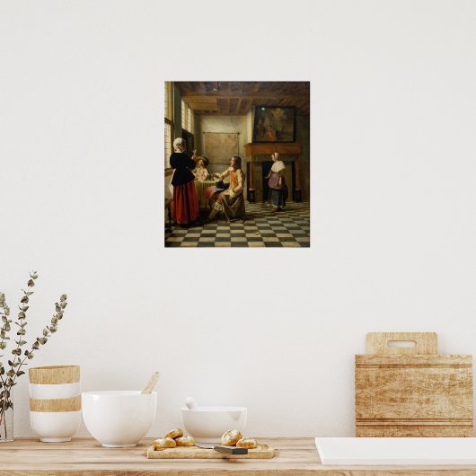 De Hooch - Een vrouw Drink met twee Mannen 1658 Poster (Keuken)