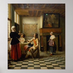 De Hooch - Een vrouw Drink met twee Mannen 1658 Poster