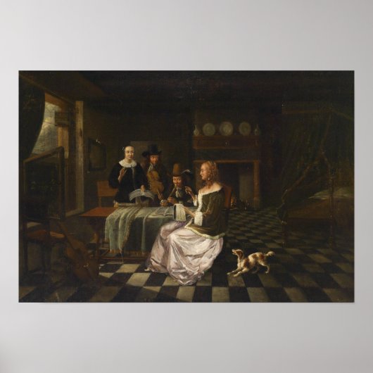 De Hooch - Interieur met vier personen Poster (Voorkant)