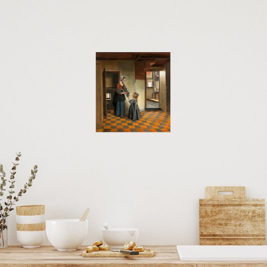 De Hooch - vrouw met kind in pantry Poster (Keuken)