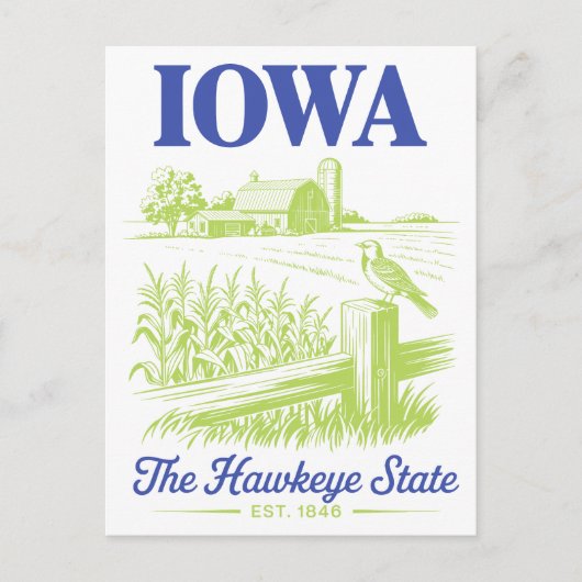 De hoofdplaats is Hawkeye State Est. 1846 Boerderi Briefkaart (Voorkant)