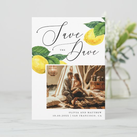 De hoofdplaats is Rustic Lemon Grove. Elegante cit Save The Date (Staand voorkant)