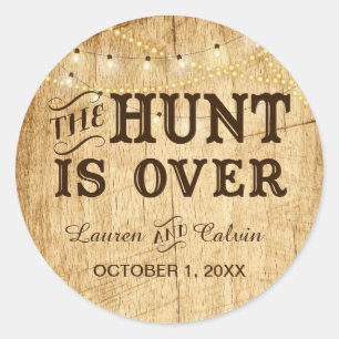 De Hunt is Over land bruiloft gunst sticker