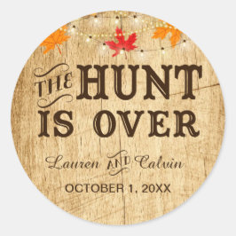De Hunt is Over land bruiloft gunst sticker