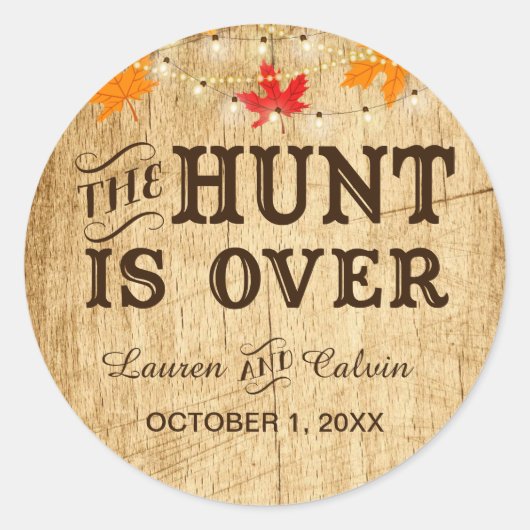 De Hunt is Over land bruiloft gunst sticker (Voorkant)