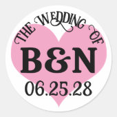 DE HUWELIJK VAN Uw Monogram & Datum Roze Hart Ronde Sticker (Voorkant)