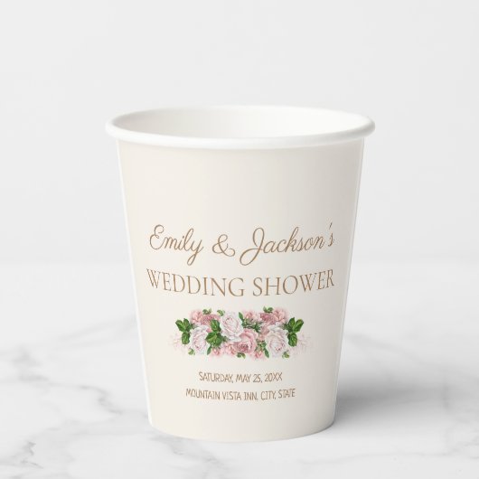 De huwelijksdouche van het paar. Blush Pink  Bloem Papieren Bekers (Achterkant)