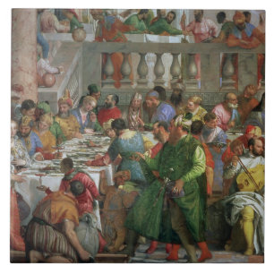 De huwelijksfeast op Cana, detail van het banket Tegeltje