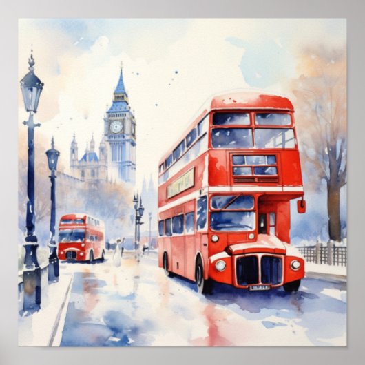 de iconische rode dubbeldeksbussen van Londen, c) Poster (Voorkant)