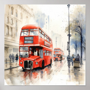 de iconische rode dubbeldeksbussen van Londen, d) Poster