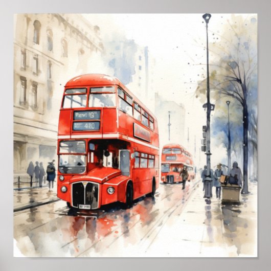 de iconische rode dubbeldeksbussen van Londen, d) Poster (Voorkant)