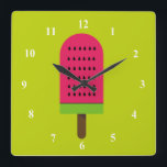 De ijslolly fruitige watermeloen van het pop-art vierkante klok<br><div class="desc">Een leuke pop-art kleurrijke heldere illustratie van een ijs-blok van de watermeloenijslolly in roze en groen limoen. Gelukkig en fruitig!</div>