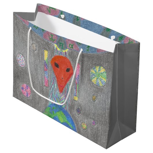 De interactie UFO Earth en Alien Large Gift Bag Groot Cadeauzakje (Voorkant Gekanteld)