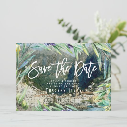 De Italiaanse amalfi olives bruiloft met de datumk Bedankkaart (Staand voorkant)