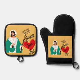 De "Ja, Jezus Houdt van Mij" Gele Ovenwant & Pannenlap Set