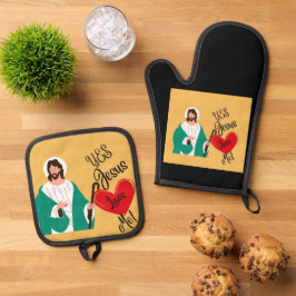 De "Ja, Jezus Houdt van Mij" Gele Ovenwant & Pannenlap Set