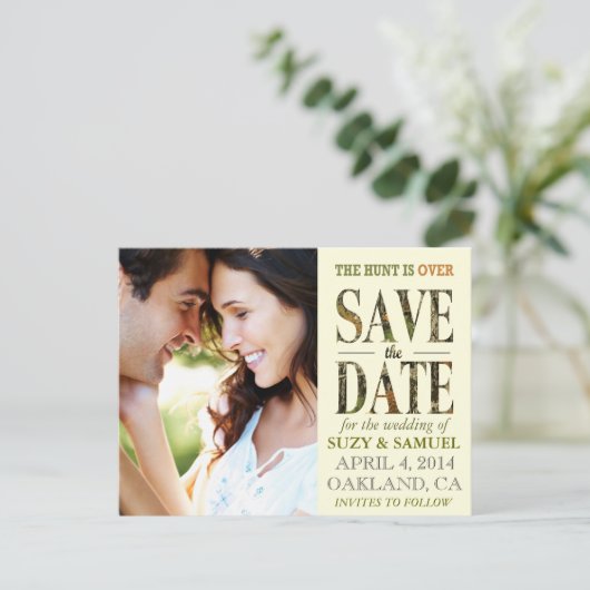 De jacht is over Camo Save the Date aankondiging (Staand voorkant)